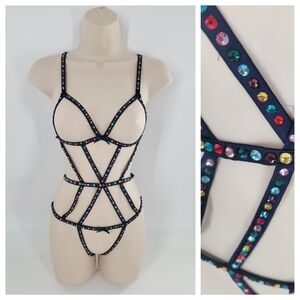 Victoria's Secret Strappy Teddy size S dark blue with multi-color jewels New